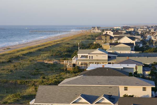Aerial view of oceanside homes in Emerald Isle, NC