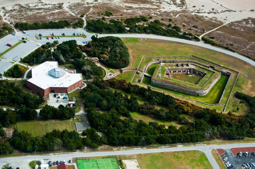 An aerial photo of fort Macon, a state park near Emerald Isle.